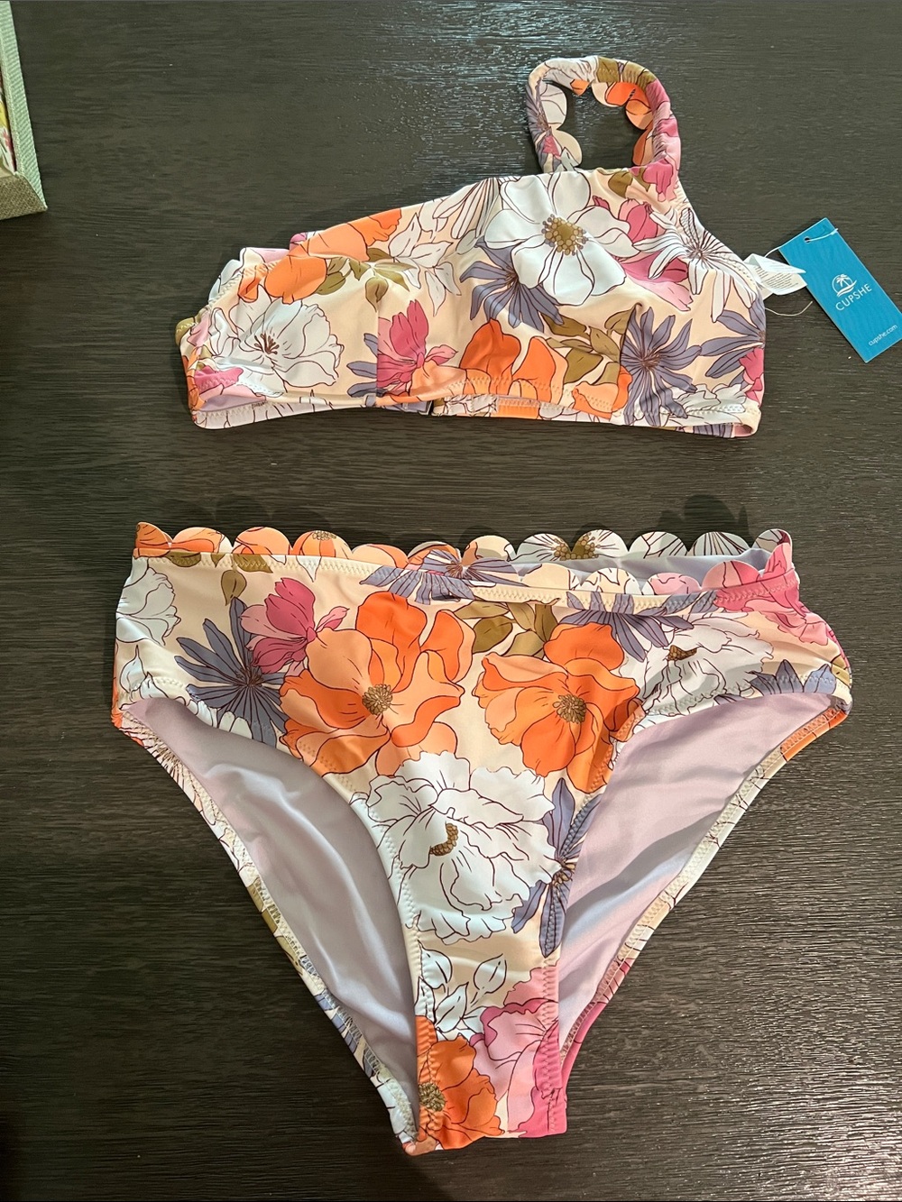 Cupshe Floral Scallop Bikini Set in Orange, Pink & Purple